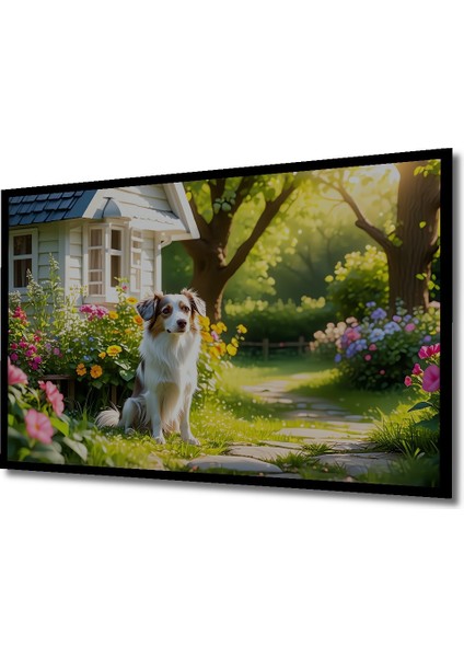 Çerçeve Görünümlü Şirin Köpek ve Çiçek Bahçesi Yağlı Boya Görünümlü Dekoratif Ahşap Ofis Kare Tablo fiyatları