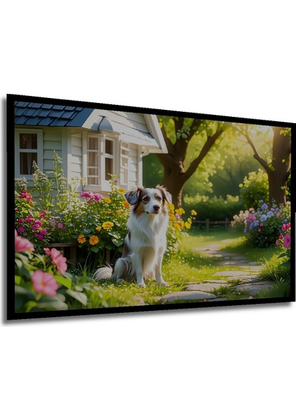 Çerçeve Görünümlü Şirin Köpek ve Çiçek Bahçesi Yağlı Boya Görünümlü Dekoratif Ahşap Ofis Kare Tablo modelleri