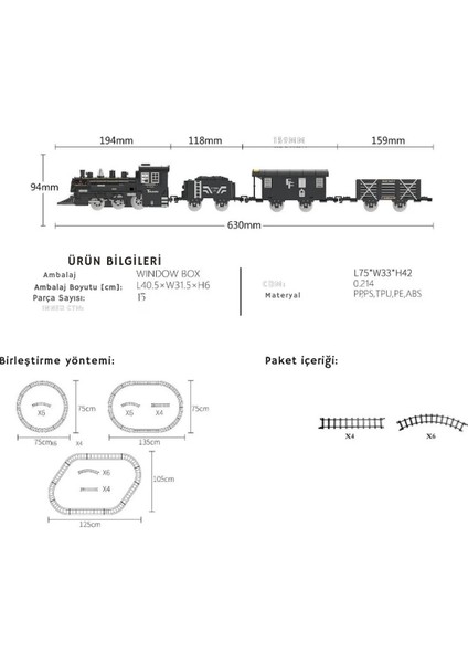 Duman Çıkartan Büyük Boy Pilli Sesli ve Işıklı 15 Parça Klasik Buharlı Tren Oyuncak Lokomotif Seti
