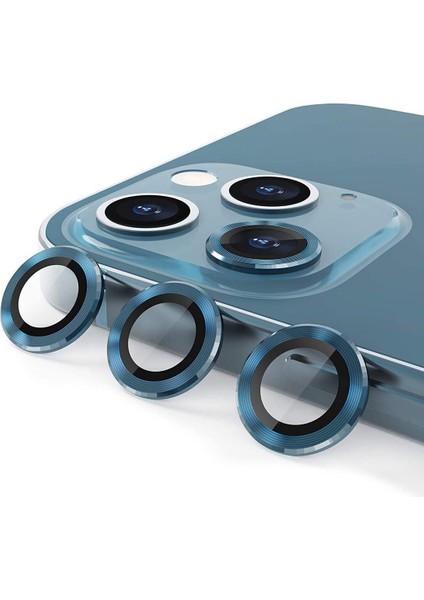 (Kaliteyi Bozmaz) iPhone 12 Pro Max Uyumlu Kamera Koruyucu Lens Mercek Mavi Metal Çerçeveli