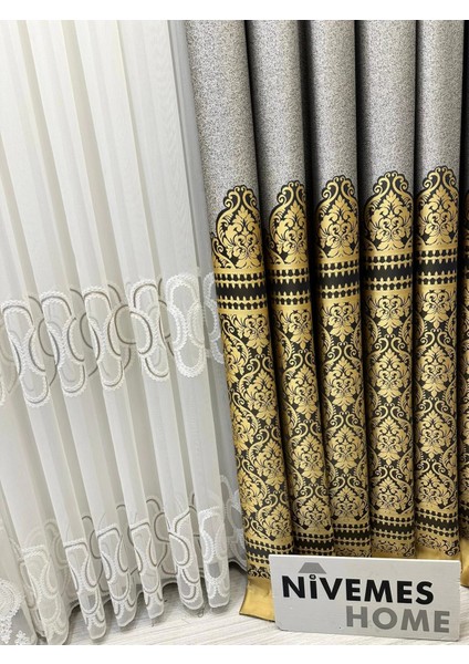 Nivemeshome Side Gri-Gold FT632057 V-2503 1/3 Sık Pileli Fon Perde Apm