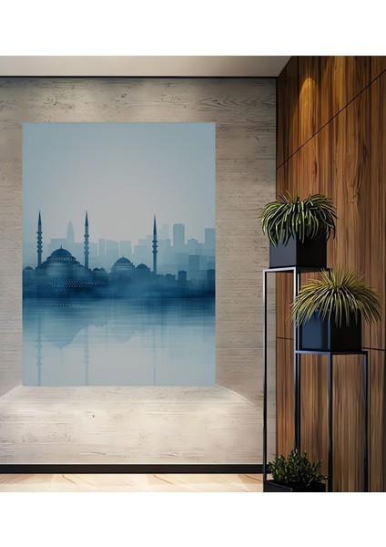 Istanbul Silüeti Sulu Boya Görünümlü Dekoratif Ahşap Ev/işyeri/ofis Kare Tablo