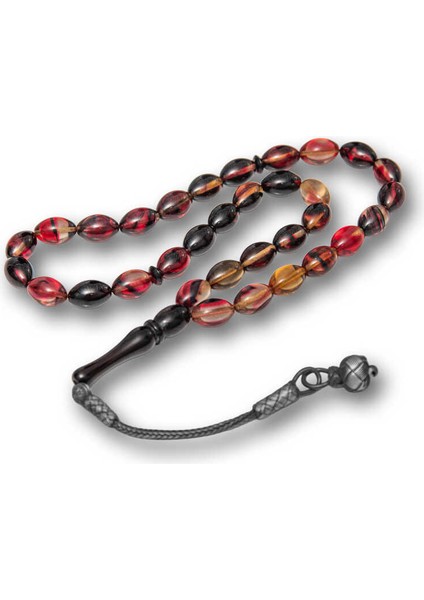 Gümüş Kazaz Püsküllü Sarı Siyah Kırmızı Sıkma Kehribar Tesbih