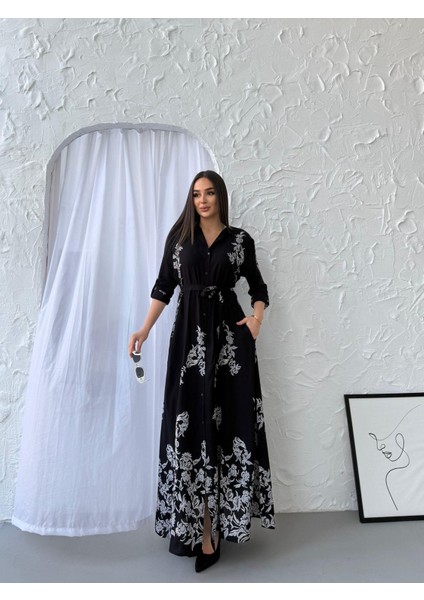Gece Bahçesi Mono Floral Desen Siyah Gömlek Elbise