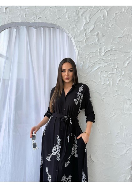 Gece Bahçesi Mono Floral Desen Siyah Gömlek Elbise fiyatları