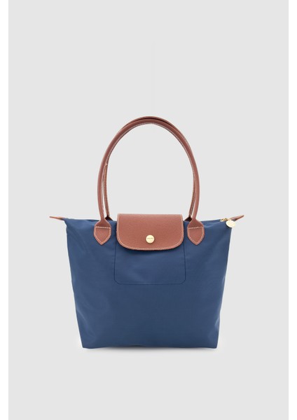 Liros Çıtçıt Kapak ve Fermuar Kapamalı Katlanabilir Büyük Boy Tote Omuz Çantası Lacivert-Taba