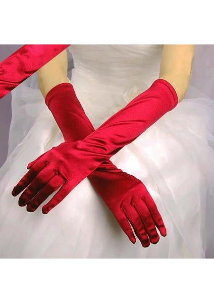 Uzun Boy Ekstra Parlak Saten Eldiven Kırmızı