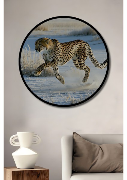 Çerçeve Görünümlü Kar Leoparı Hızlı Koşu Yağlı Boya Görünümlü Dekoratif Ahşap Ofis Yuvarlak Tablo