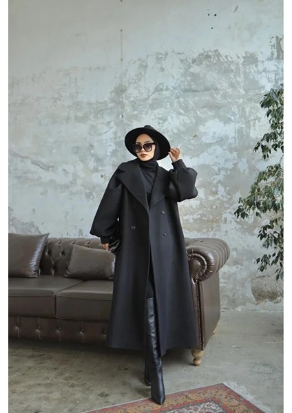 Balon Kol Kemer Detaylı Astarlı Kadın Kaşe Kaban