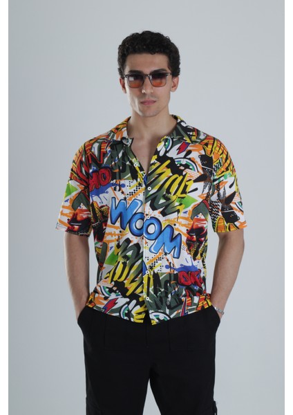 Erkek Wow Desenli Hawai Gömlek