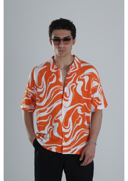 Erkek Turuncu Dalga Desenli Hawai Gömlek