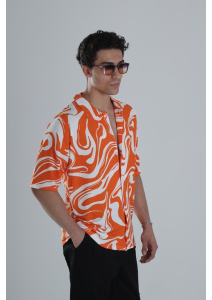 Erkek Turuncu Dalga Desenli Hawai Gömlek modelleri