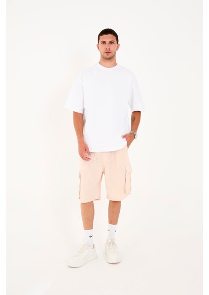 R-4428 Fermuar Detaylı Lastikli Keten Şort