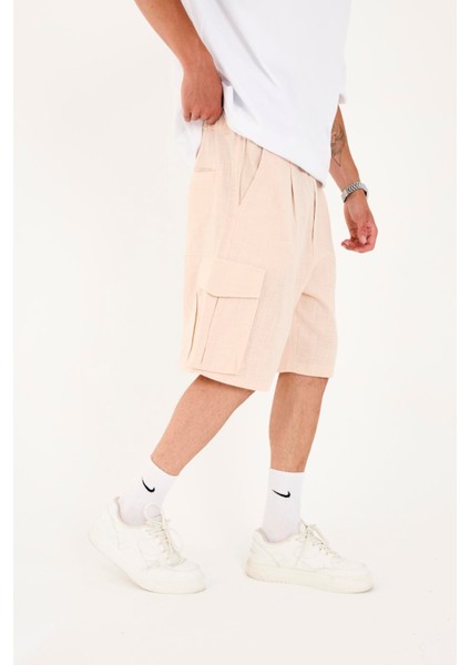 R-4428 Fermuar Detaylı Lastikli Keten Şort modelleri