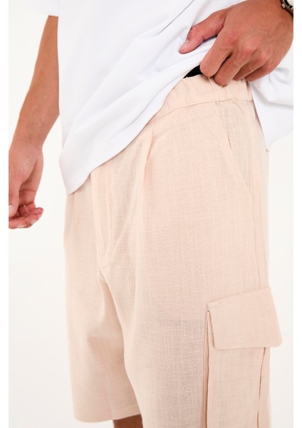 R-4428 Fermuar Detaylı Lastikli Keten Şort indirimleri