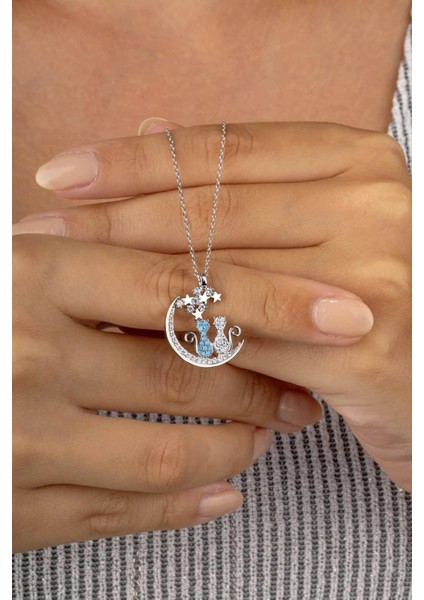 Firuze Taşlı Yıldızları Izleyen Çift Kedi Kadın Gümüş Kolye