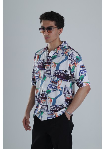 Erkek Araç Desenli Hawai Gömlek