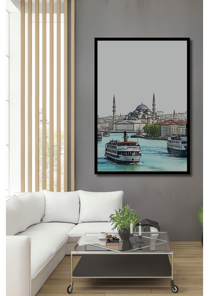 Çerçeve Görünümlü Istanbul Silüeti Kara Kalem Görünümlü Dekoratif Ahşap Ev/işyeri/ofis Kare Tablo