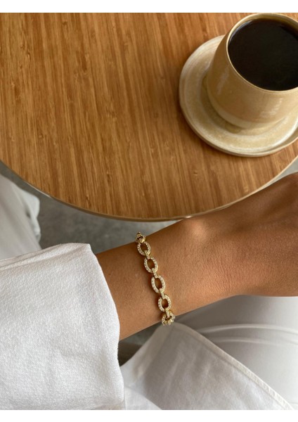 Xuping Özel Seri Tam Zirkon Taşlı Oval Şerit Gold Bileklik