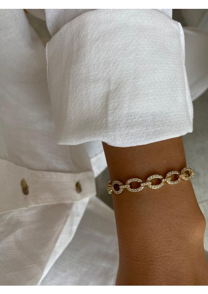 Xuping Özel Seri Tam Zirkon Taşlı Oval Şerit Gold Bileklik