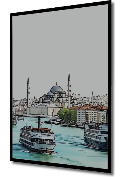 Çerçeve Görünümlü Istanbul Silüeti Kara Kalem Görünümlü Dekoratif Ahşap Ev/işyeri/ofis Kare Tablo fiyatları