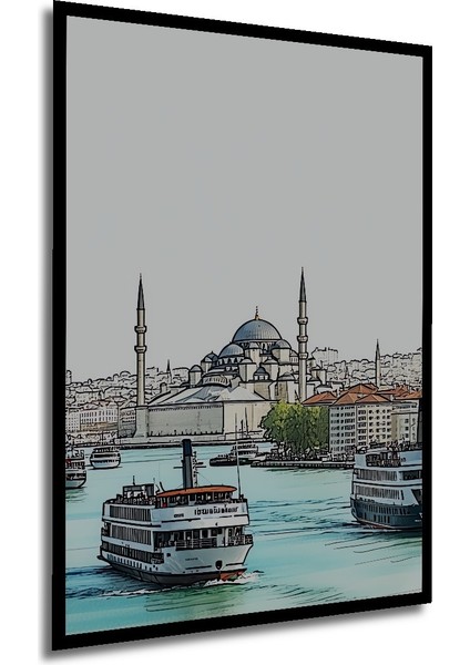 Çerçeve Görünümlü Istanbul Silüeti Kara Kalem Görünümlü Dekoratif Ahşap Ev/işyeri/ofis Kare Tablo modelleri