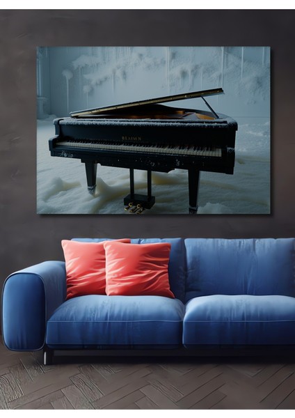 Karlar Altında Piyano Yağlı Boya Görünümlü Dekoratif Ahşap Ev/işyeri/ofis Kare Tablo