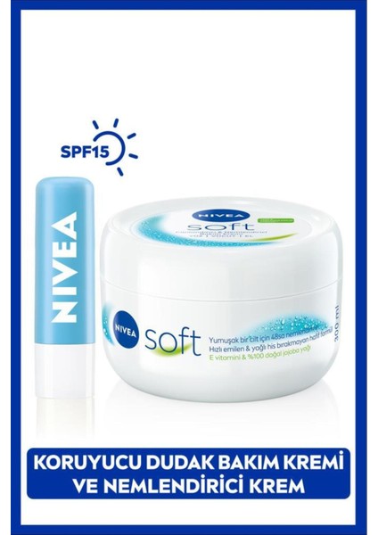 Soft Nemlendirici Vücut Kremi 300ML ve Hydro Care Renksiz Dudak Bakım Kremi, Dudak Çatlağı, SPF15