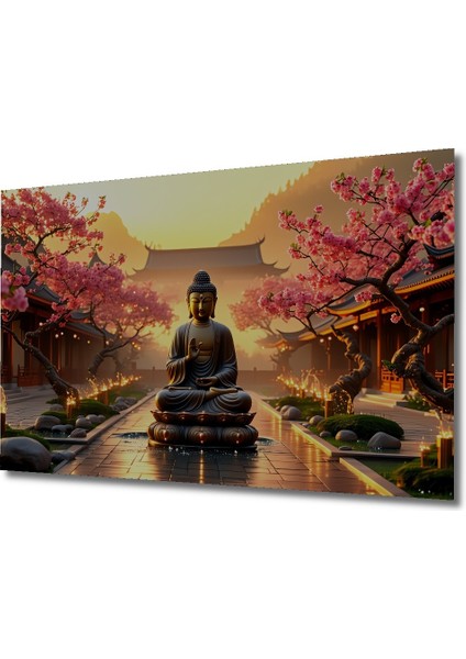 Sakura Çiçekleri ve Buda Meditasyon Yağlı Boya Görünümlü Dekoratif Ahşap Ev/işyeri/ofis Kare Tablo fiyatları