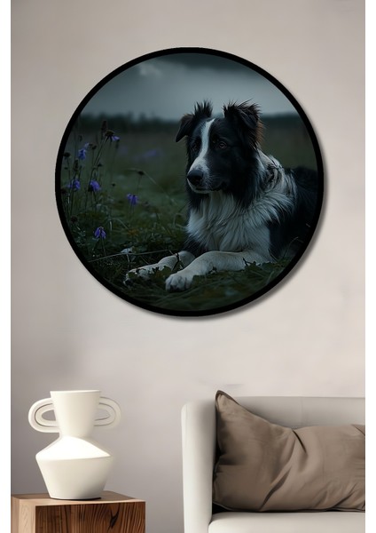 Çerçeve Görünümlü Çayırda Yatan Border Collie Yağlı Boya Görünümlü Ahşap Ofis Yuvarlak Tablo