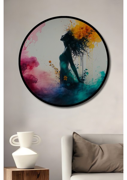 Çerçeve Görünümlü Çiçek Bahçesinde Dans Eden Kadın Sulu Boya Görünümlü Ahşap Ofis Yuvarlak Tablo