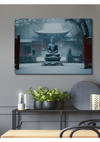 Karda Meditasyon Yapan Buda Heykeli Yağlı Boya Görünümlü Dekoratif Ahşap Ev/işyeri/ofis Kare Tablo