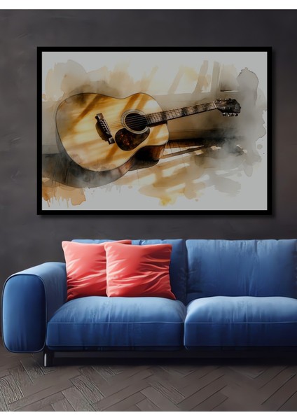Çerçeve Görünümlü Sulu Boya Görünümlü Gitar Melodisi Dekoratif Ahşap Ev/işyeri/ofis Kare Tablo