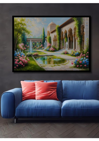 Çerçeve Görünümlü Rüya Sarayı Bahçesi Yağlı Boya Görünümlü Dekoratif Ahşap Işyeri/ofis Kare Tablo