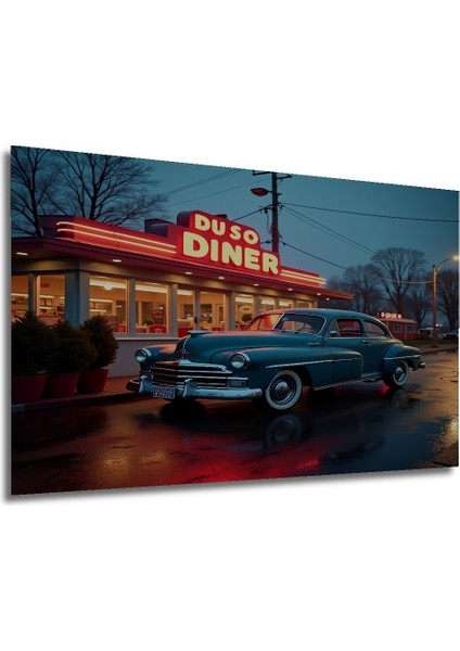 Retro Amerikan Diner ve Klasik Otomobil Yağlı Boya Görünümlü Dekoratif Ahşap Ev/işyeri/ofis Tablo modelleri
