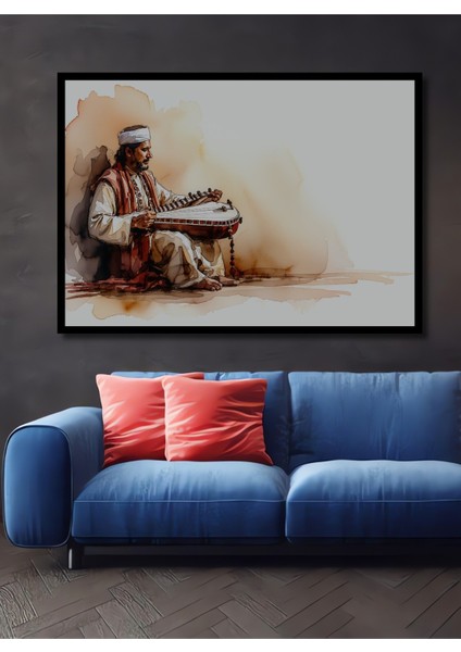 Çerçeve Görünümlü Sitarıyla Hint Ezgileri Sulu Boya Görünümlü Dekoratif Ahşap Ofis Kare Tablo