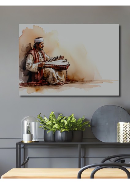 Sitarıyla Hint Ezgileri Sulu Boya Görünümlü Dekoratif Ahşap Ev/işyeri/ofis Kare Tablo