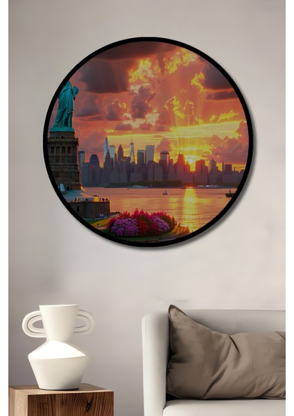 Çerçeve Görünümlü Özgürlük Heykeli ve New York Silüeti Yağlı Boya Görünümlü Ahşap Ofis Tablo