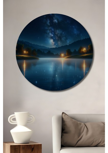 Yıldızlar Altında Gölet Manzarası Yağlı Boya Görünümlü Dekoratif Ahşap Ev/işyeri/ofis Tablo
