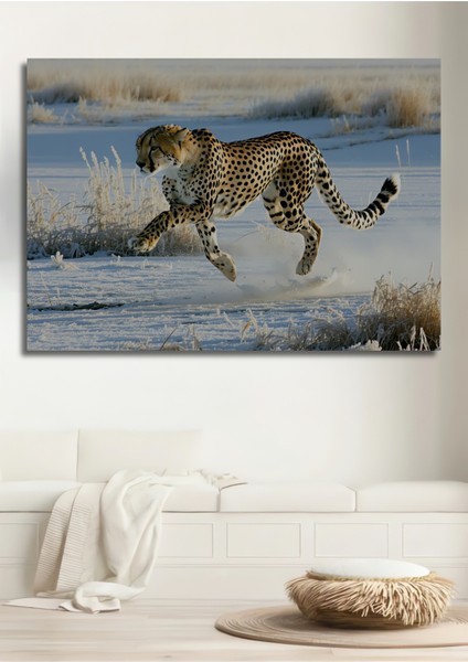 Kar Leoparı Hızlı Koşu Yağlı Boya Görünümlü Dekoratif Ahşap Ev/işyeri/ofis Kare Tablo