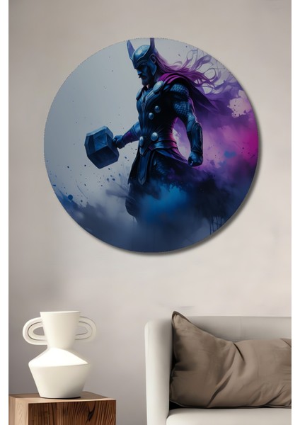 Thor Çekiçli Suluboya Görünümlü Dekoratif Ahşap Ev/işyeri/ofis Yuvarlak Tablo