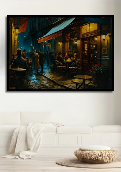 Çerçeve Görünümlü Paris Sokaklarında Yağlı Boya Görünümlü Nostaljik Kahve Molası Salon Tablo