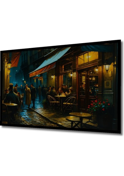Çerçeve Görünümlü Paris Sokaklarında Yağlı Boya Görünümlü Nostaljik Kahve Molası Salon Tablo fiyatları