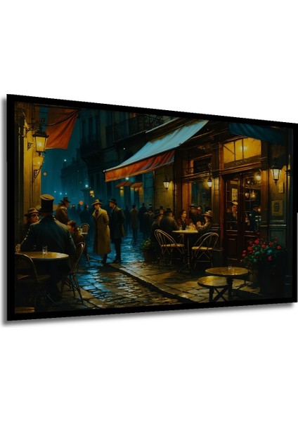 Çerçeve Görünümlü Paris Sokaklarında Yağlı Boya Görünümlü Nostaljik Kahve Molası Salon Tablo modelleri