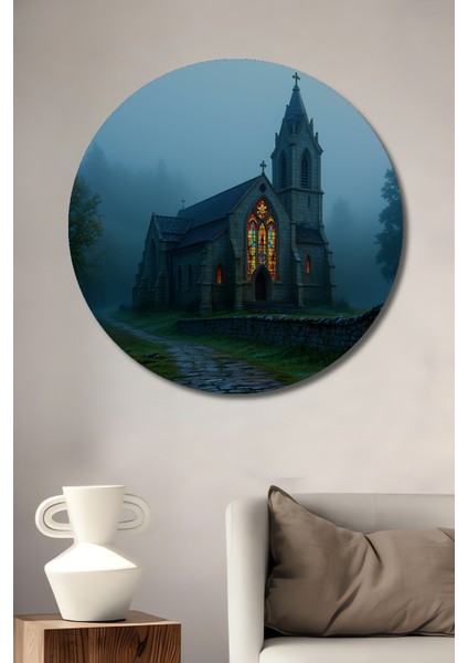 Sisli Gotik Kilise Yağlı Boya Görünümlü Dekoratif Ahşap Ev/işyeri/ofis Yuvarlak Tablo