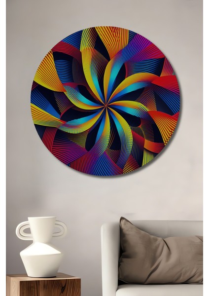 Renkli Çizgisel Soyut Sanat Dekoratif Ahşap Görünümlü Ev/işyeri/ofis Yuvarlak Tablo