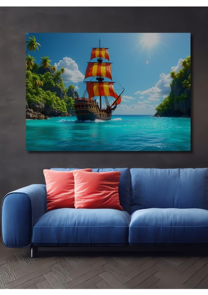 Turkuaz Denizde Korsan Gemisi Yağlı Boya Görünümlü Dekoratif Ahşap Ev/işyeri/ofis Kare Tablo