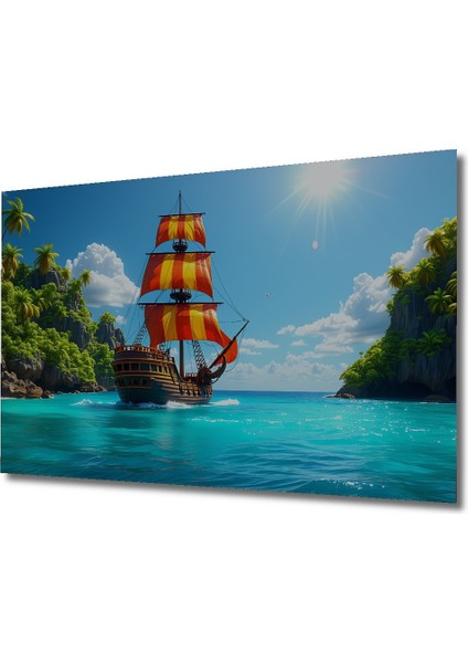 Turkuaz Denizde Korsan Gemisi Yağlı Boya Görünümlü Dekoratif Ahşap Ev/işyeri/ofis Kare Tablo fiyatları