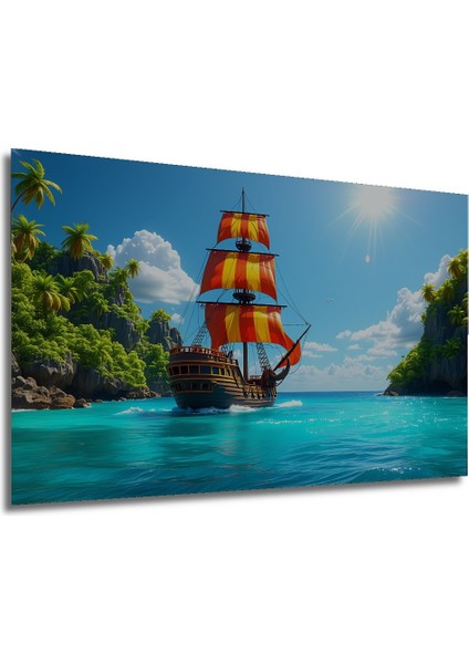 Turkuaz Denizde Korsan Gemisi Yağlı Boya Görünümlü Dekoratif Ahşap Ev/işyeri/ofis Kare Tablo modelleri