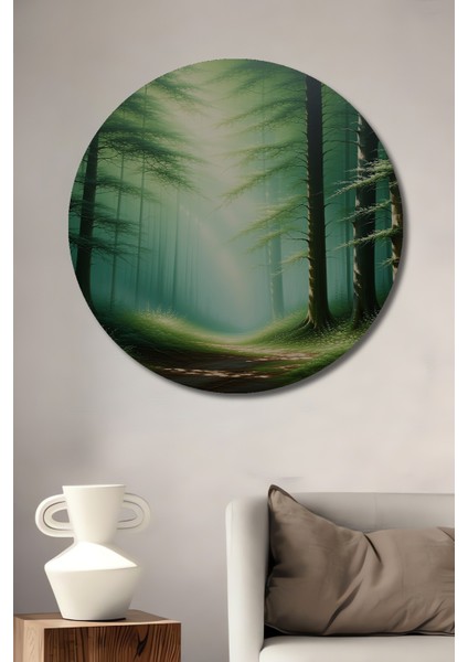 Yeşil Orman Rüyası Yağlı Boya Görünümlü Dekoratif Ahşap Ev/işyeri/ofis Yuvarlak Tablo